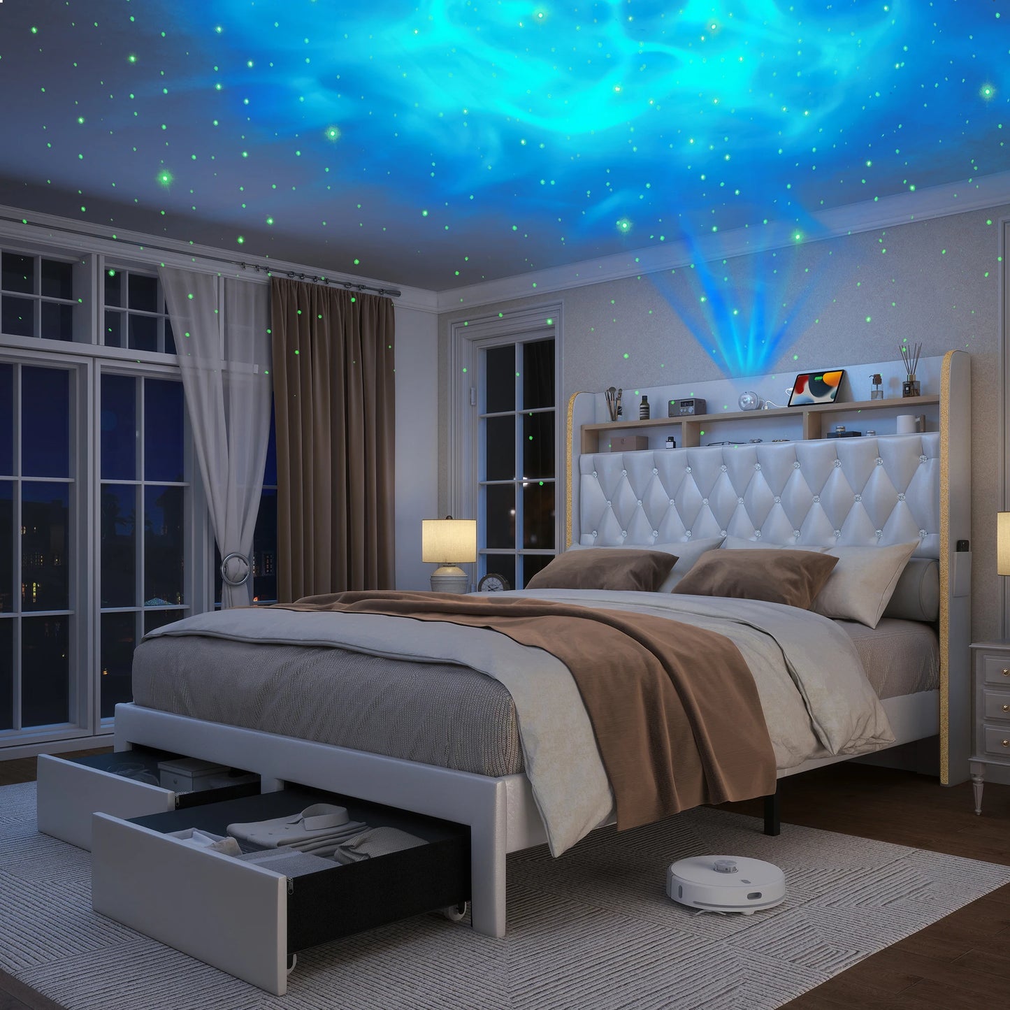 SIBEDS LED Bed Frame With Storage Drawers And Star Projector