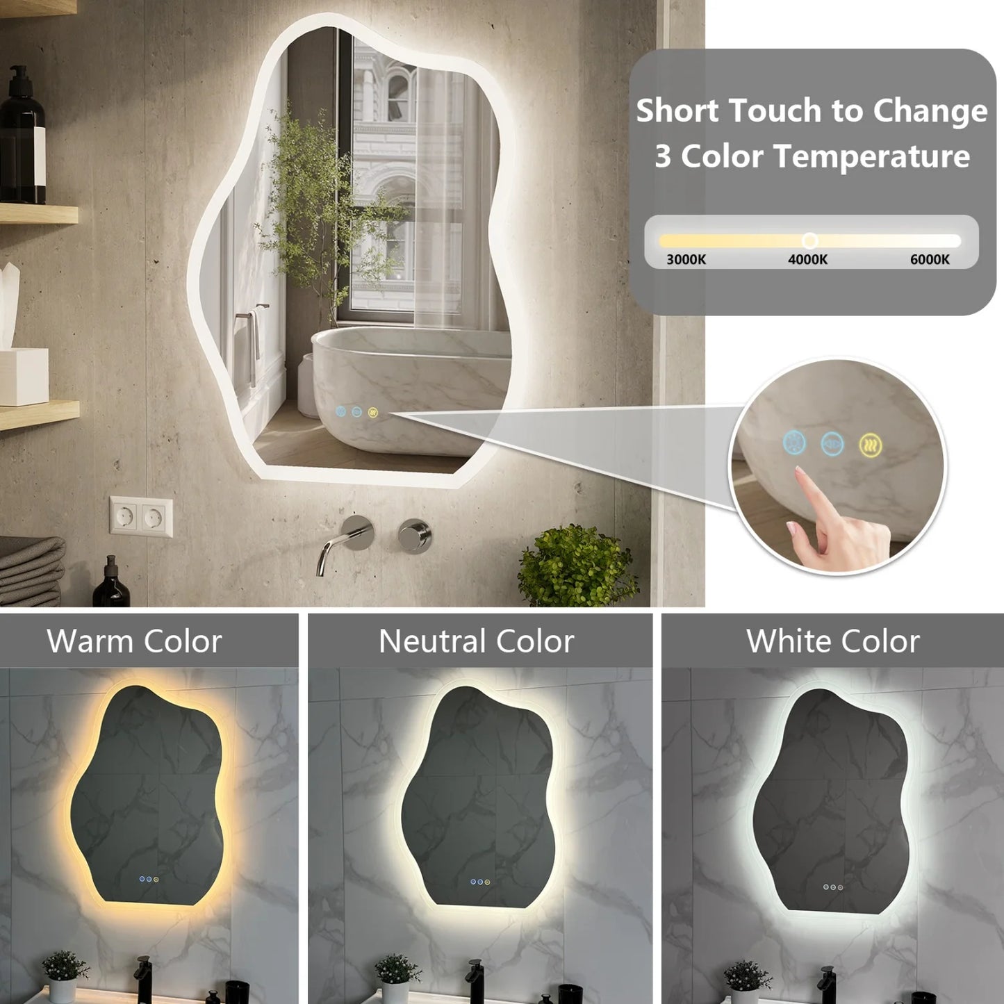 Cloud Shape LED Bathroom Mirror With Backlight Dimmable Touch Anti Fog 3 Colors