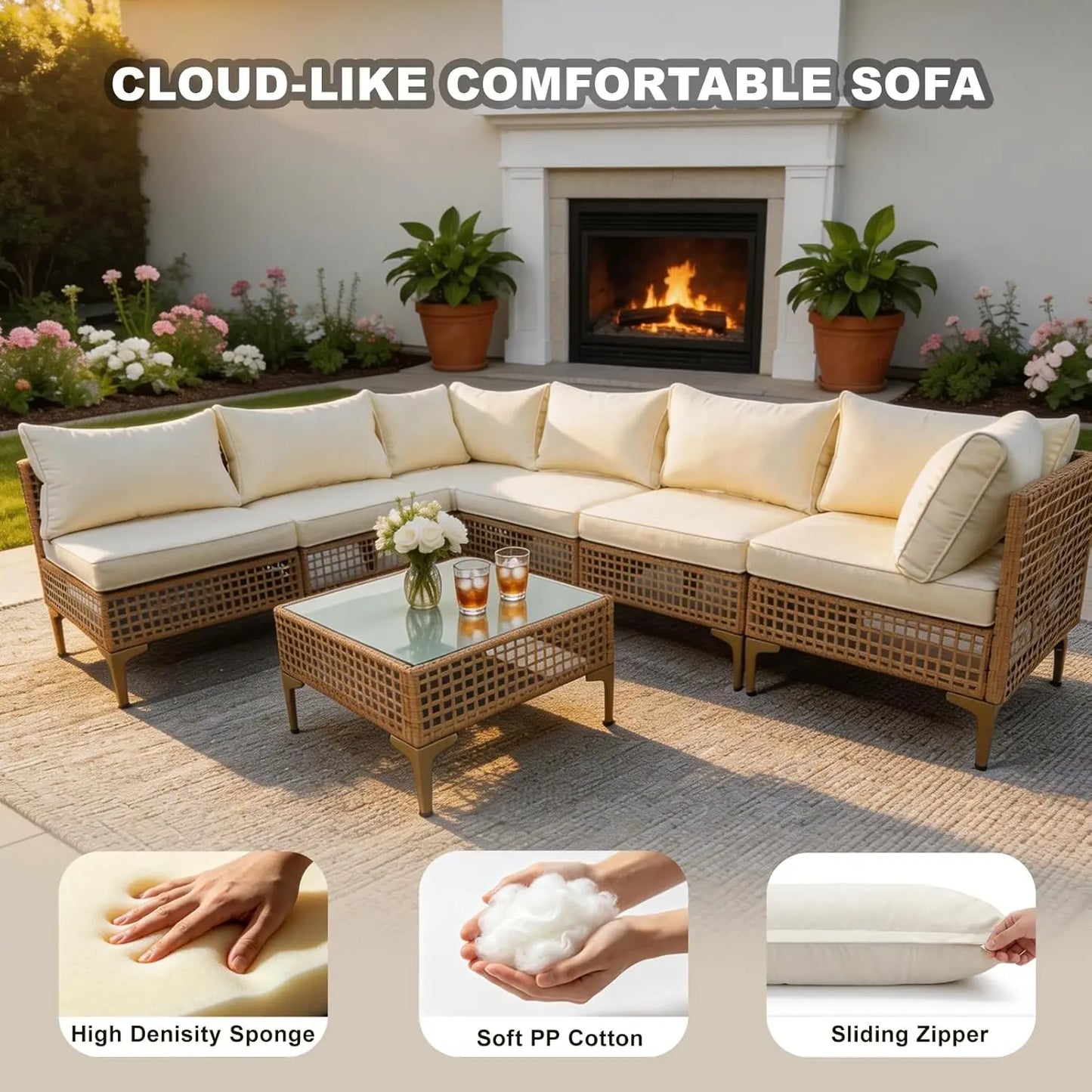 Patio Wicker Sectional Sofa Coffee Table Set With Thick Cushions