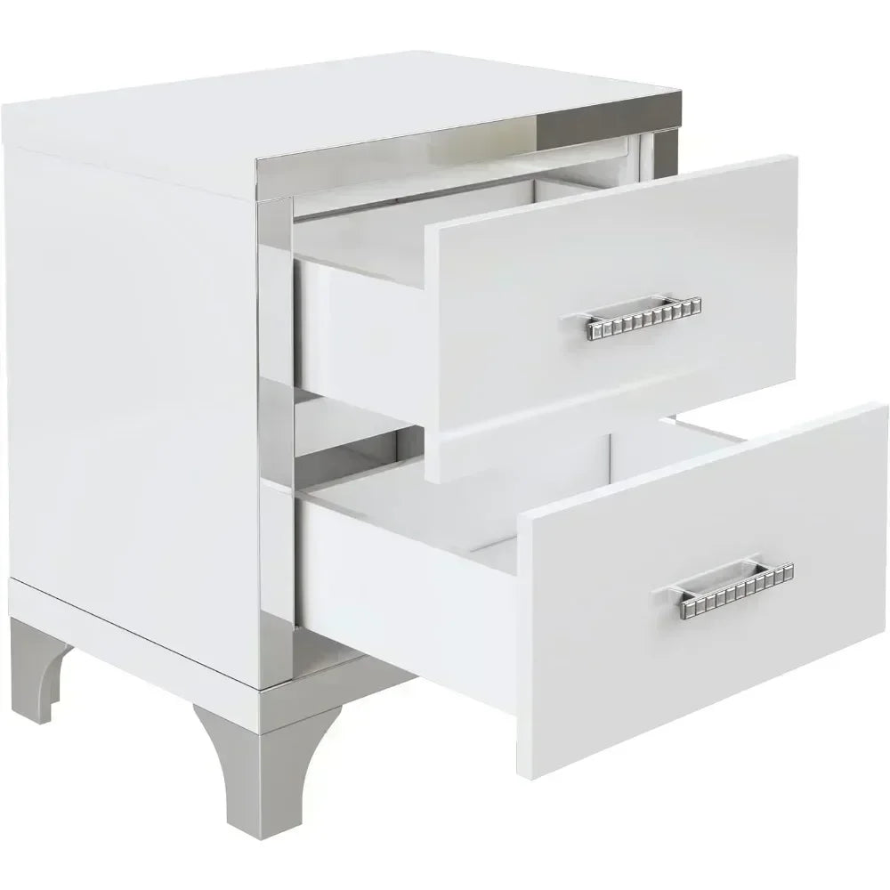 Elegant White High Gloss Mirrored Nightstand With 2 Drawers And Metal Handles