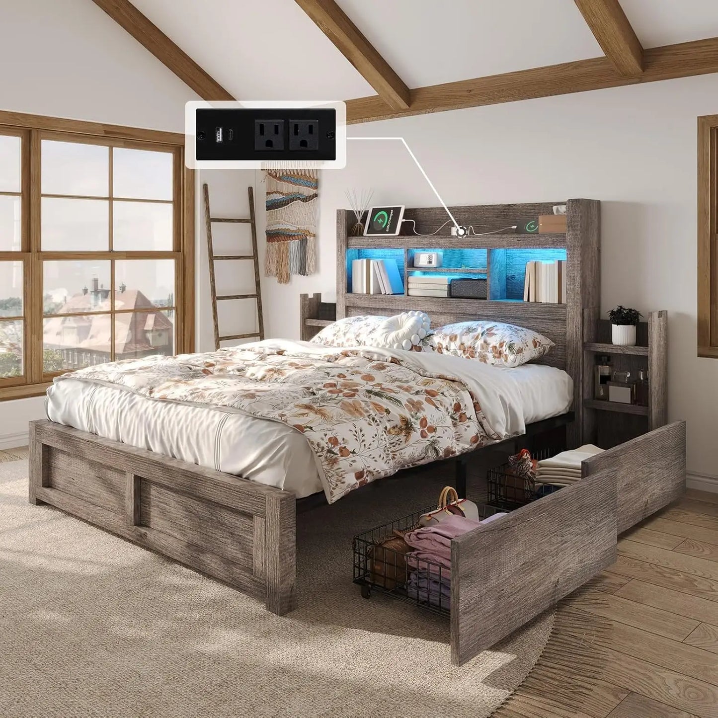 Bed Frame With Bookcase Headboard Farmhouse Wood Detachable Storage Drawers