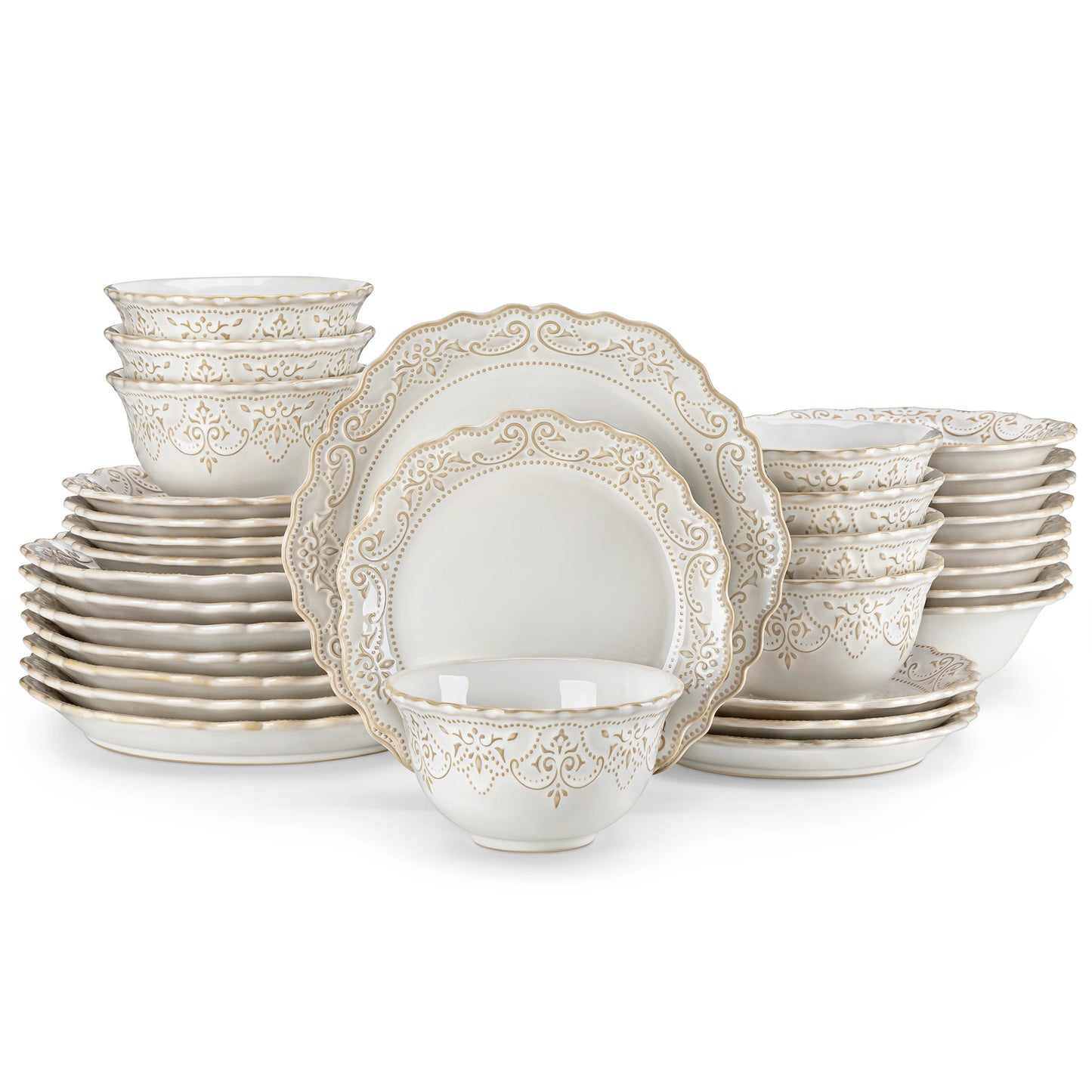 MALACASA Relief White Stoneware Dinnerware Set For Everyday Use