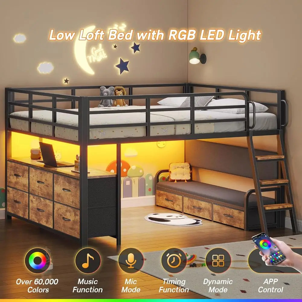 Low Loft Bed With Desk, LED Lights, Storage Drawers