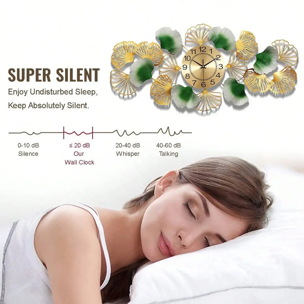 Ginkgo Leaf Silent Wall Clock 3D Metal Design Home Office