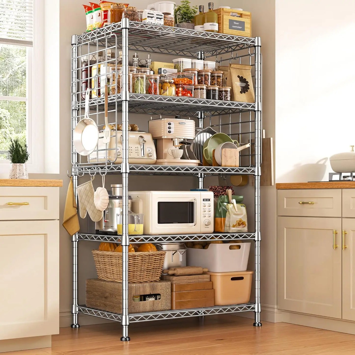 5 Tier Metal Shelving With Side Hanging Net Hooks Kitchen