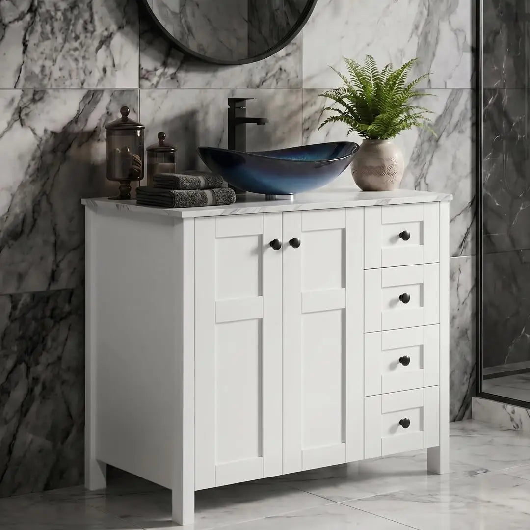 Minimalist Bathroom Vanity With Marble Texture And Ceramic Sink