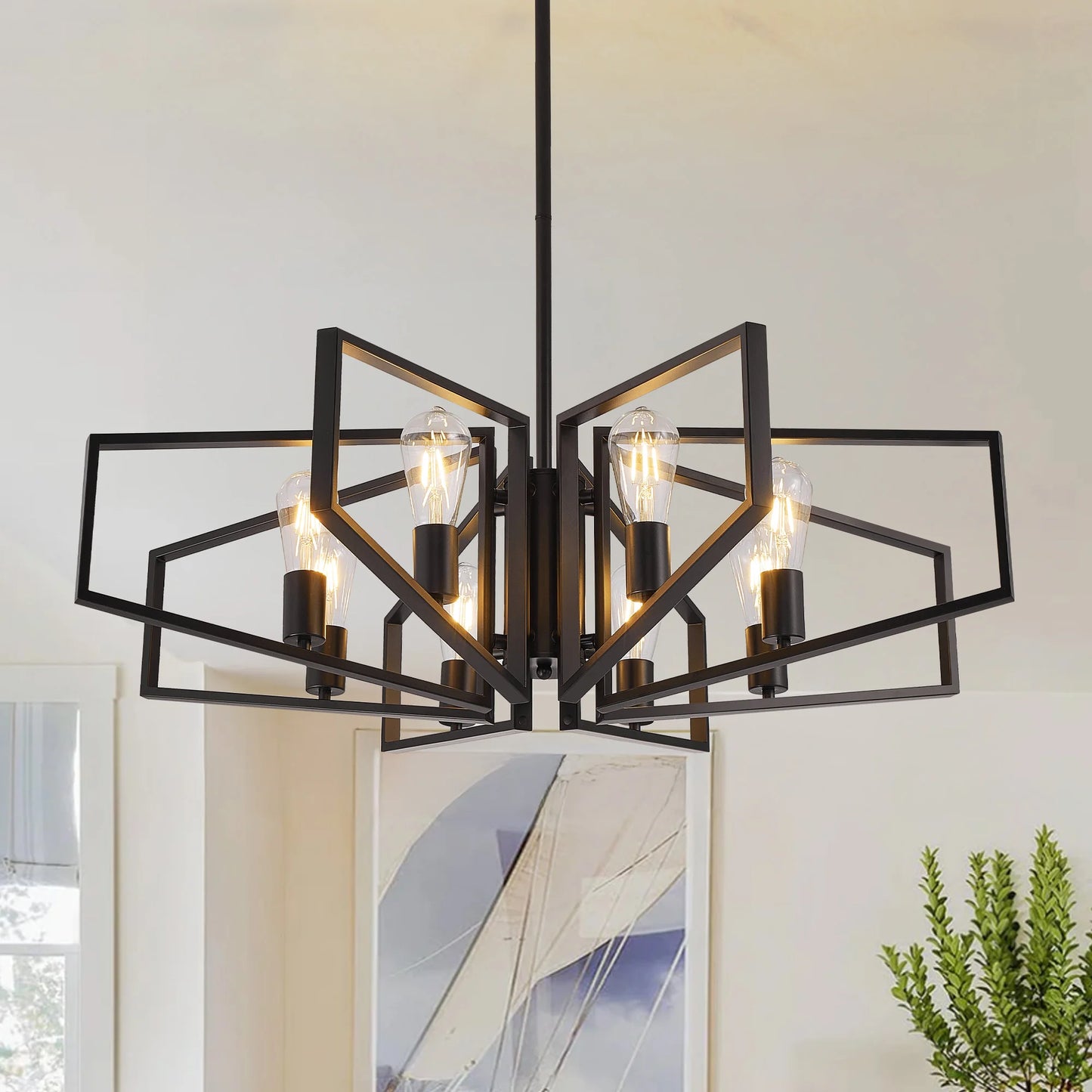 Modern 8 Light Geometric Metal Chandelier With Adjustable Height Pendant