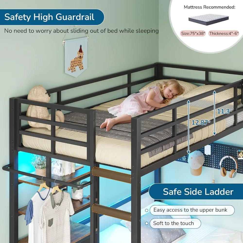 Metal Bunk Bed With Storage Drawers Bookshelf LED Lights Charging Dock