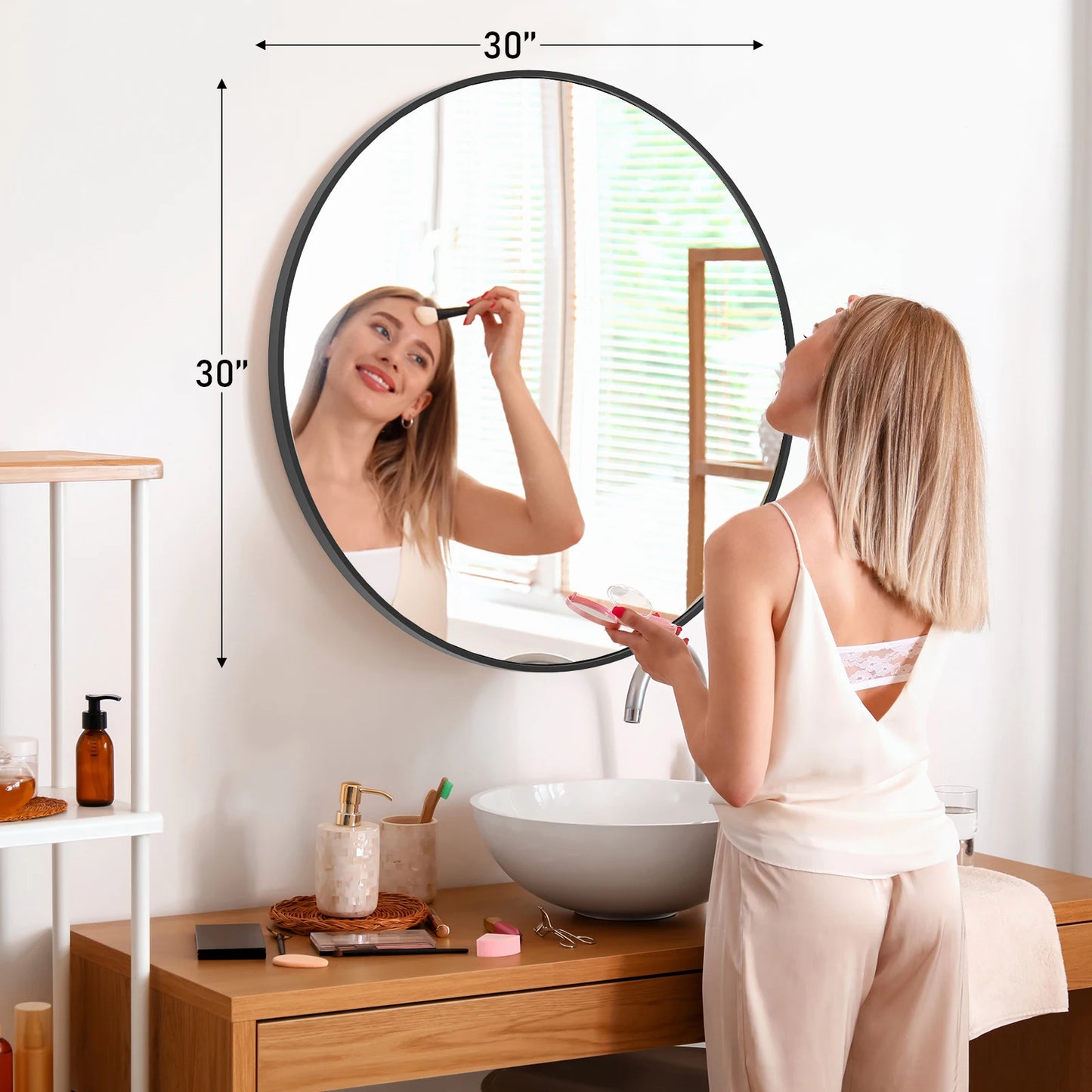 JHK Modern Round Vanity Mirror With Matte Metal Frame