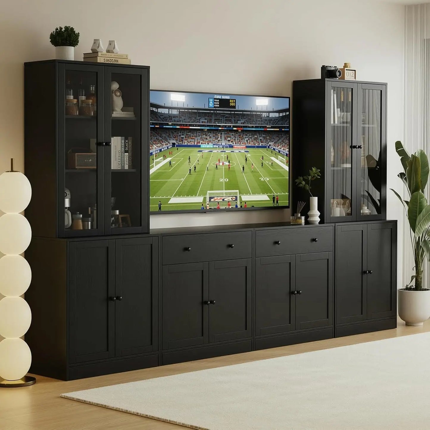 Wood TV Stand Media Console With Glass Doors And Drawers