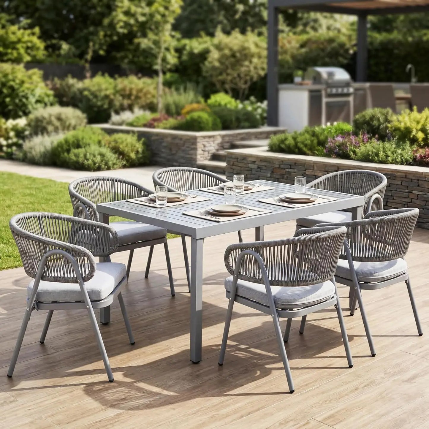 Weather-Resistant Rope Woven Metal Outdoor Dining Chair Set With Cushion