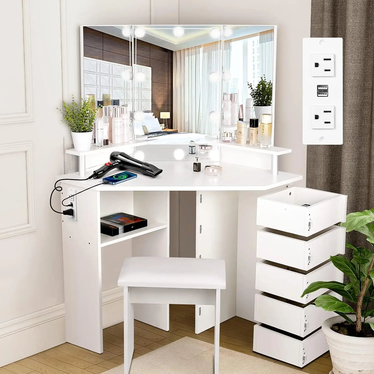 MOYU Vanity With Lights Makeup Desk And Power Outlet