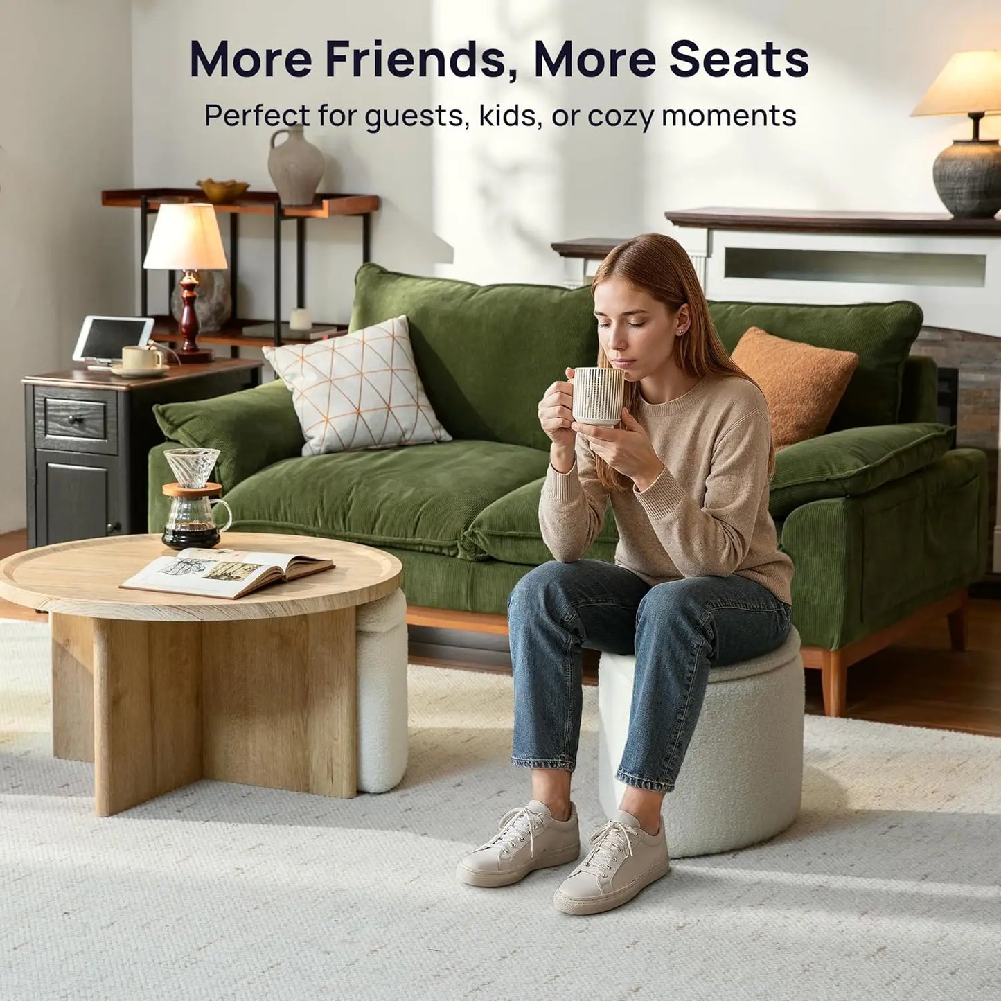 Guangbai Round Coffee Table With Storage And Ottomans