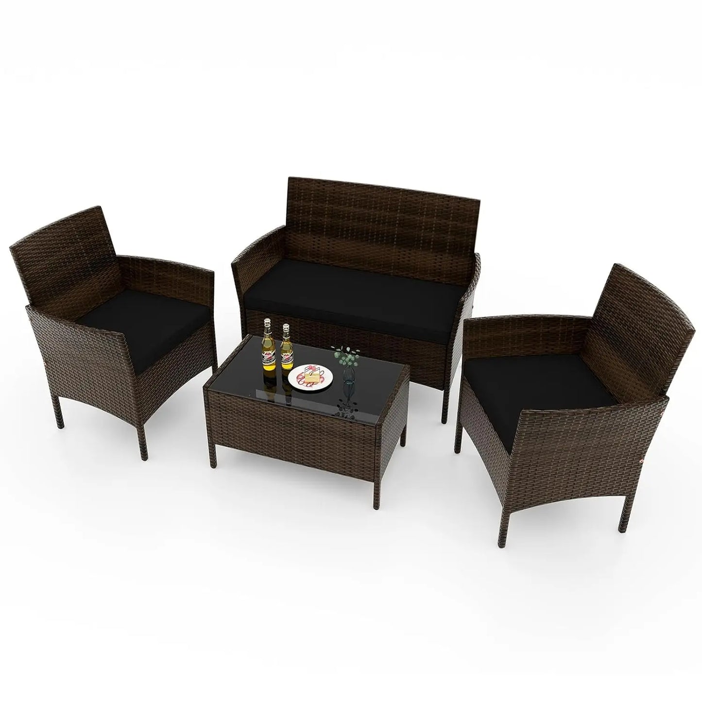 Rattan Outdoor Patio Conversation Set With Cushions And Glass Coffee Table