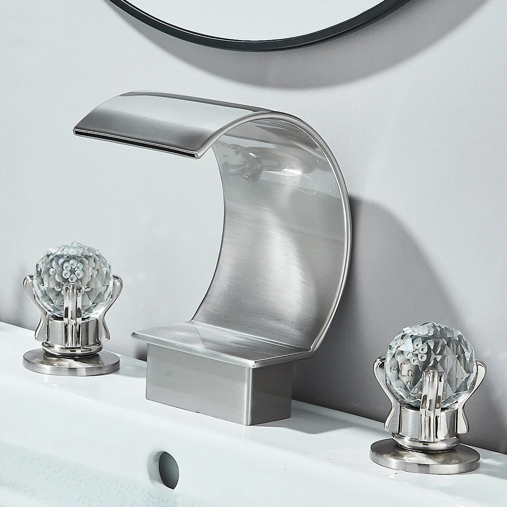 Quyanre Waterfall Bathroom Faucet With Crystal Handle Widespread Hot Cold