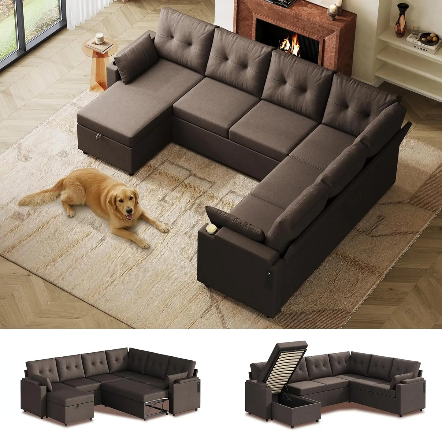 Sectional Sofa With Sleeper And Storage Chaise Linen Cotton Blend