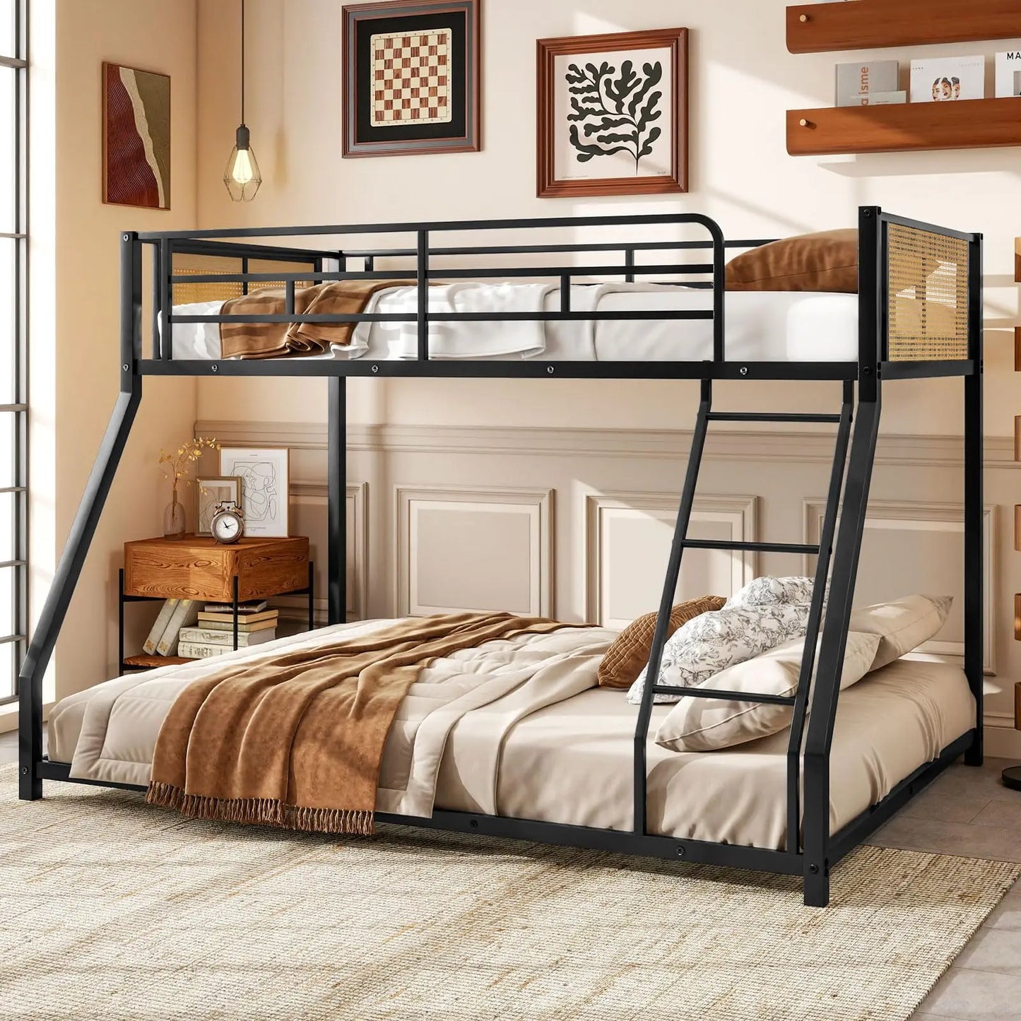 Metal Bunk Bed With Ladder And Guardrails Boho Rattan Style