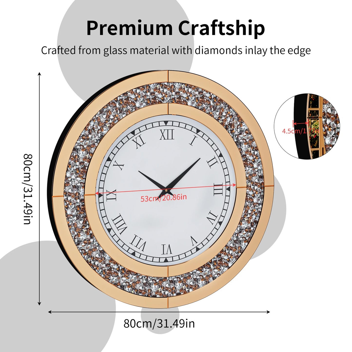 Crystal Embellished Round Mirror Clock For Wall Decor