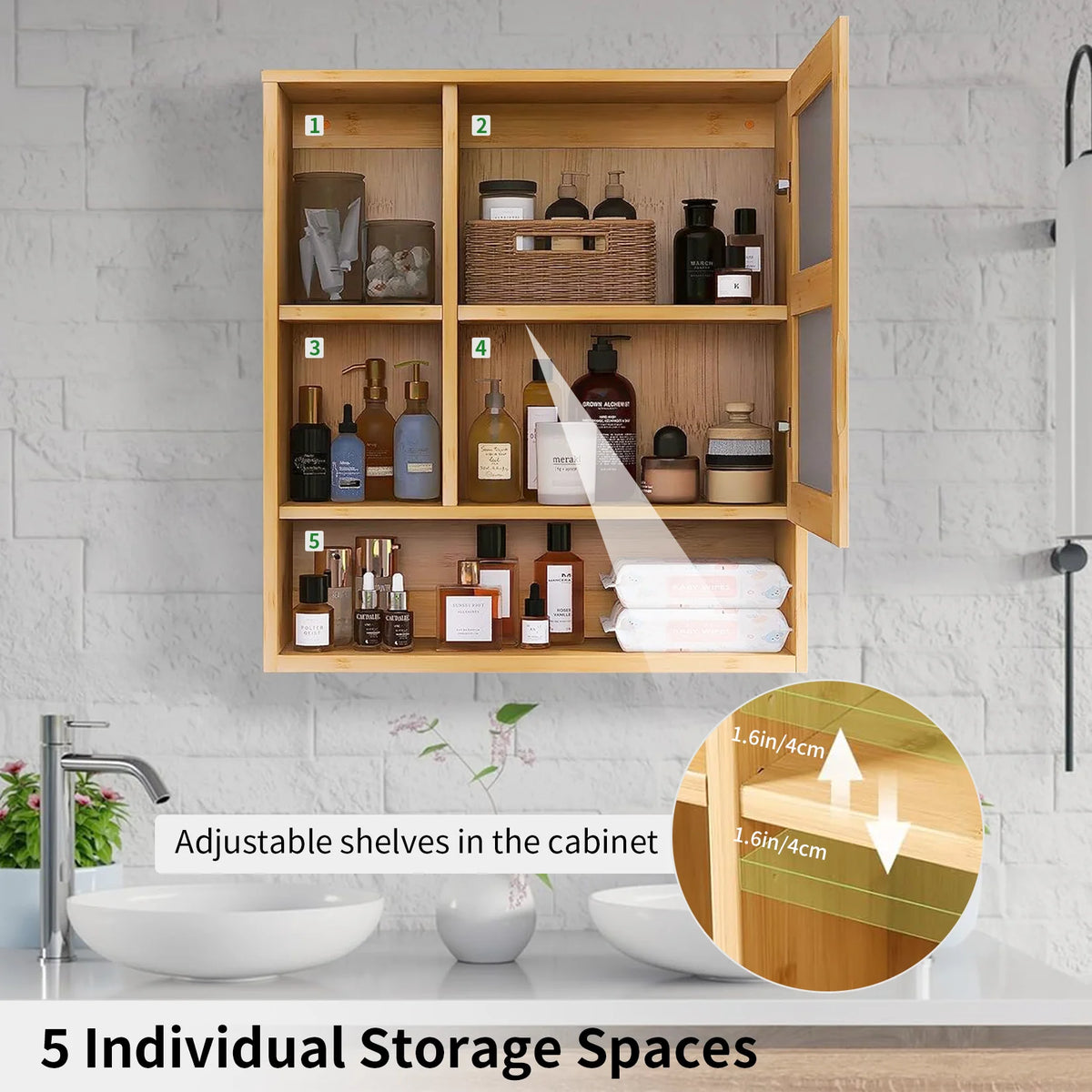 Natural Bamboo Wall Mounted Bathroom Medicine Cabinet With Five Shelf Mirror