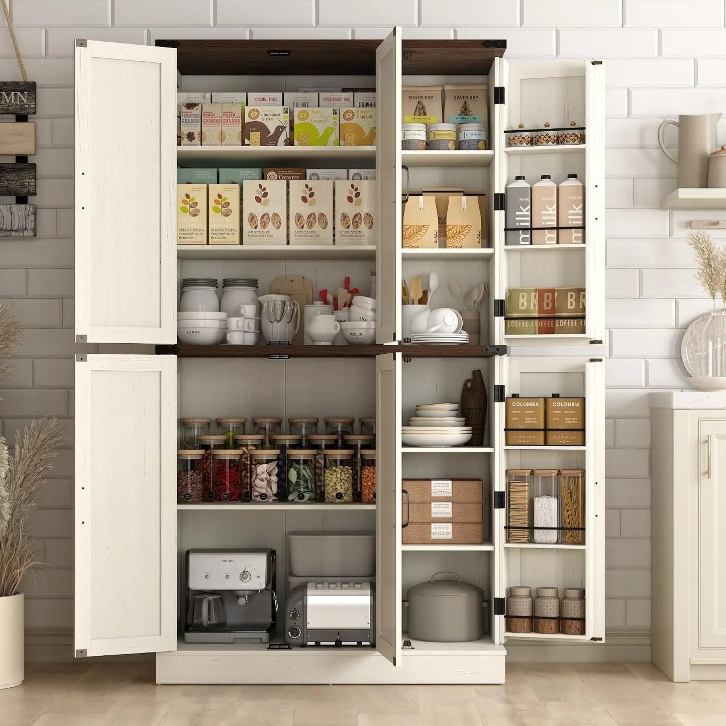 Farmhouse Kitchen Pantry Cabinet With Barn Doors And Adjustable Shelves
