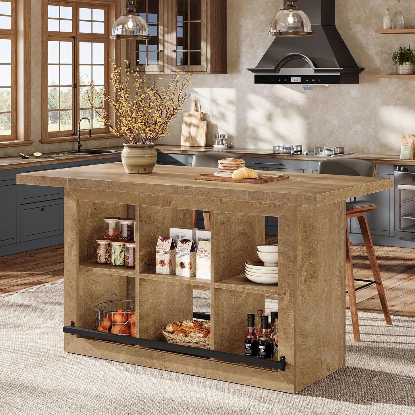 Counter Height Kitchen Island Table With Storage Cubbies And Footrest