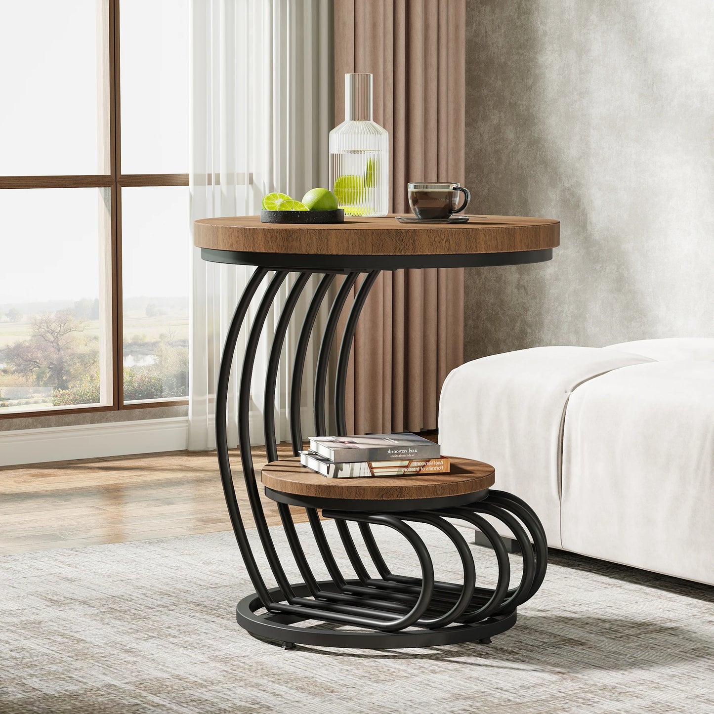 Tribesigns Round End Table 2 Tiers Faux Marble Shelf
