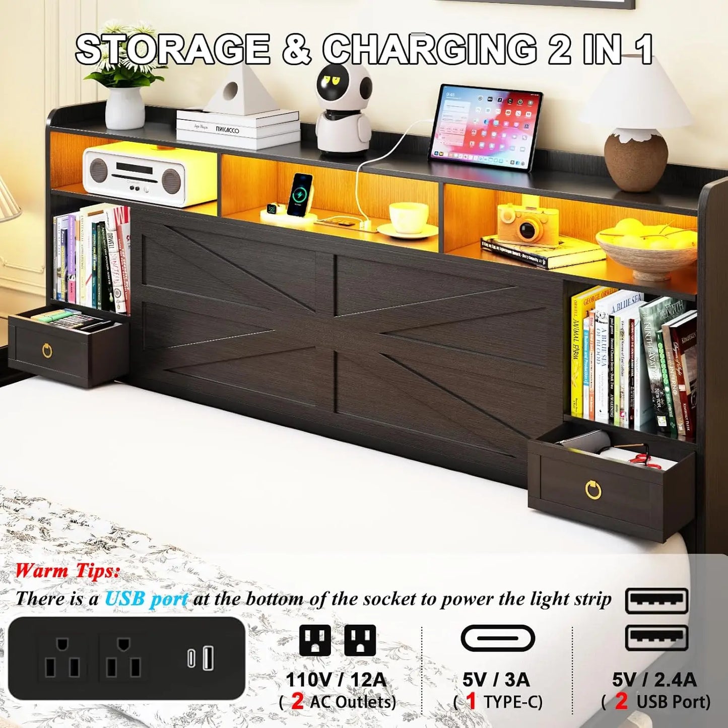 Guangbai Bed Frame With Storage Headboard Bookshelf Drawers