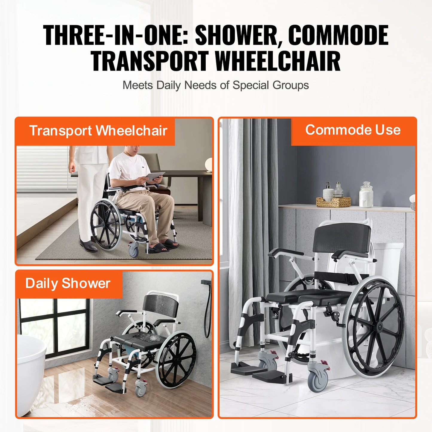 Shower Wheelchair Adjustable Rolling Chair For Disabled Adults