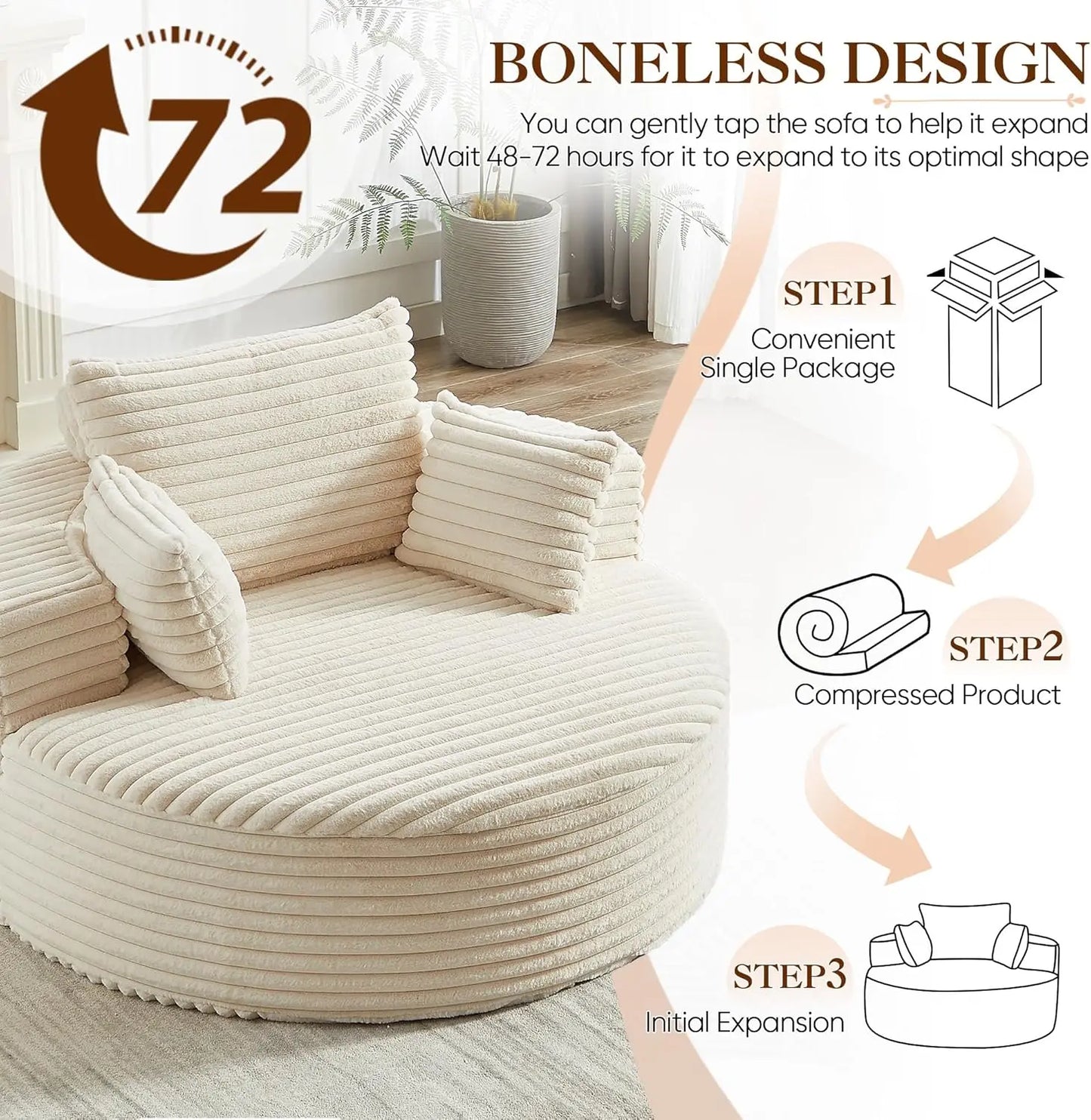 Oversized Round Chaise Lounge Chair Corduroy Deep Seat