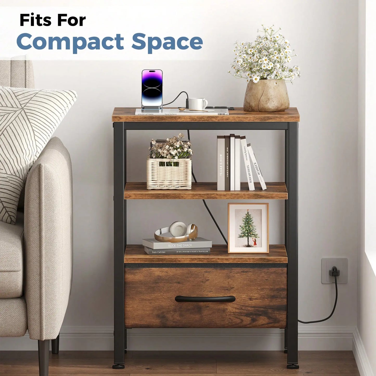 Nightstand With Charging Station And Fabric Drawer Bedside Table