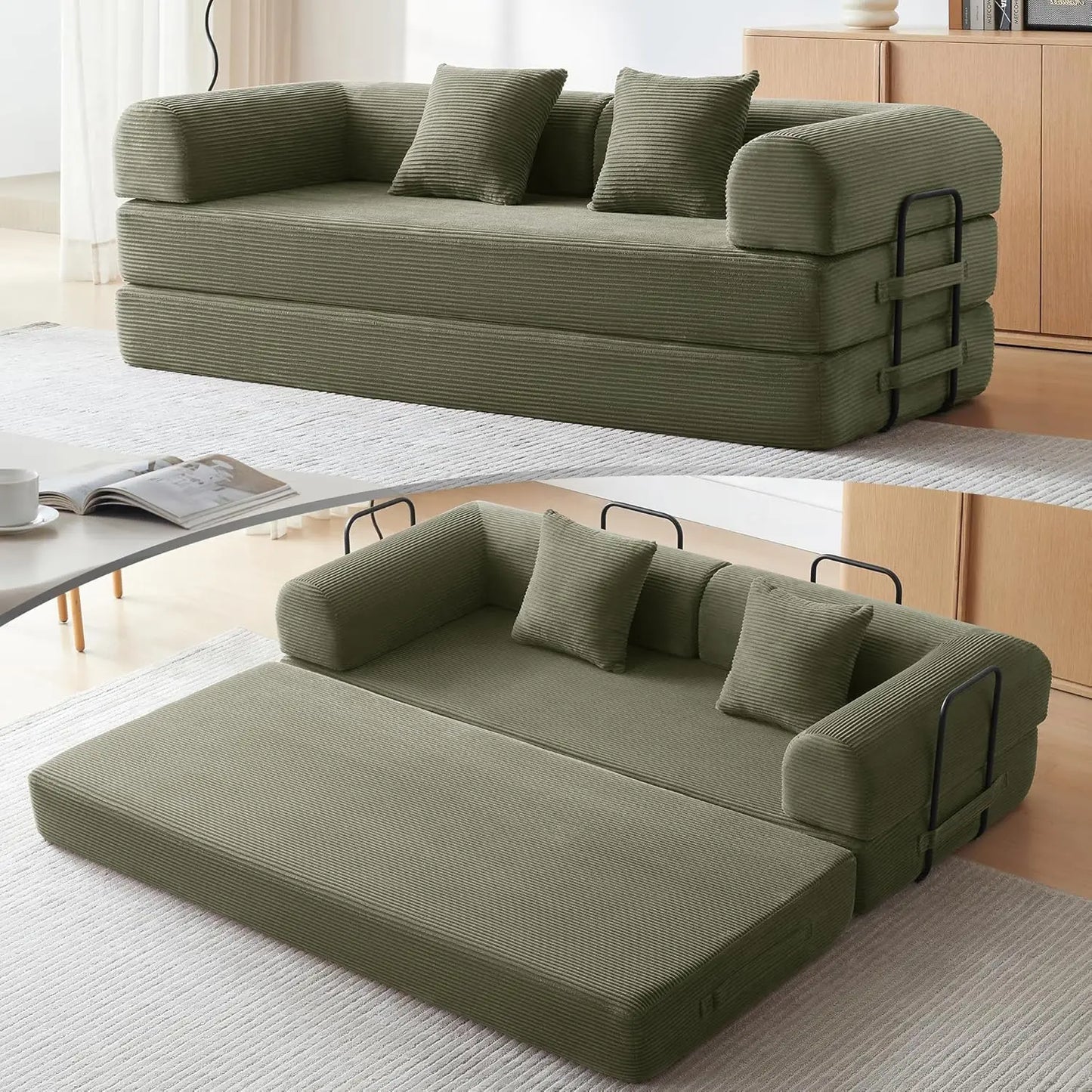 OIMG Corduroy Sleeper Sofa Bed With Fixed Frame And Mattress