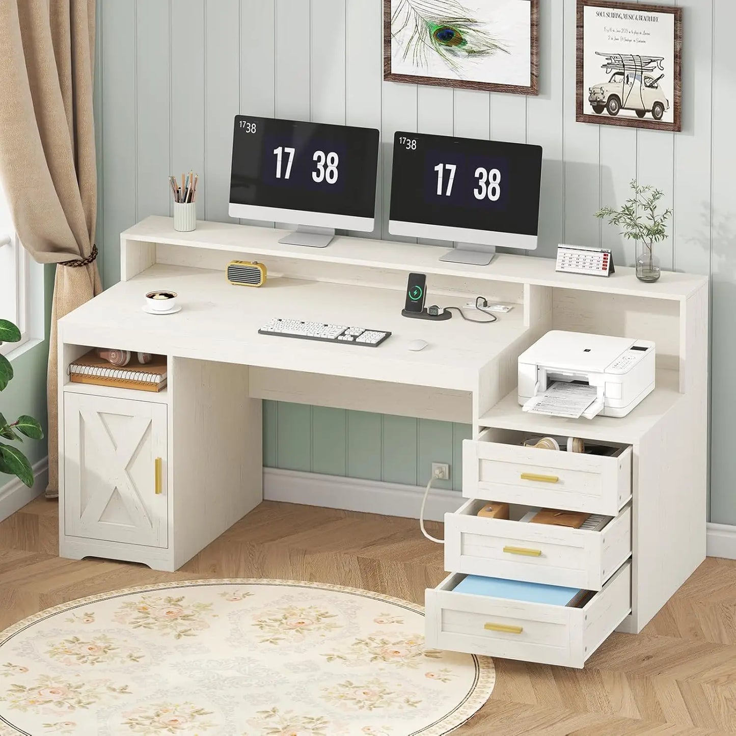 MOYU Farmhouse Computer Desk With Drawers And Power Outlets