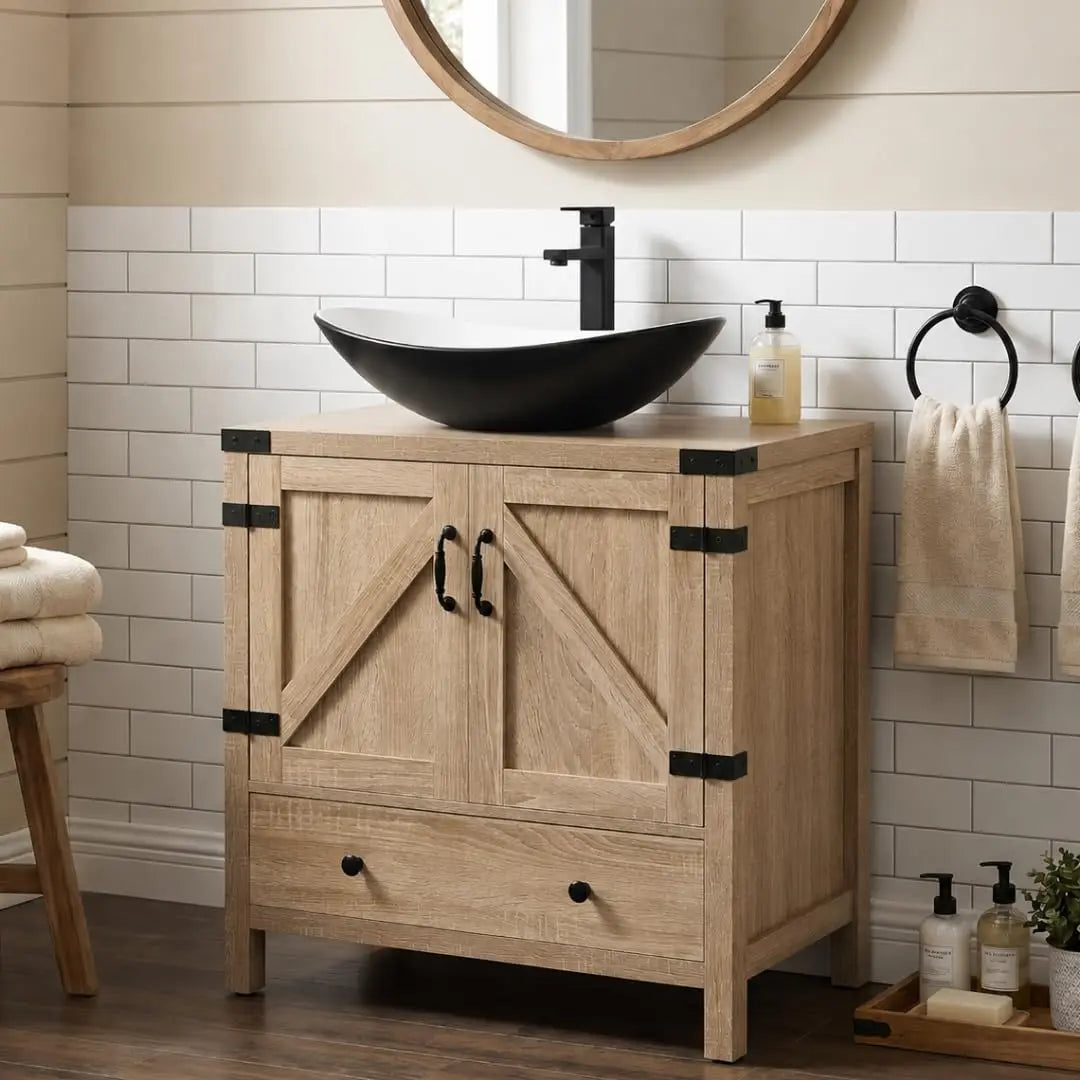 Rustic Bathroom Vanity With Pedestal Cabinet And Vessel Sink