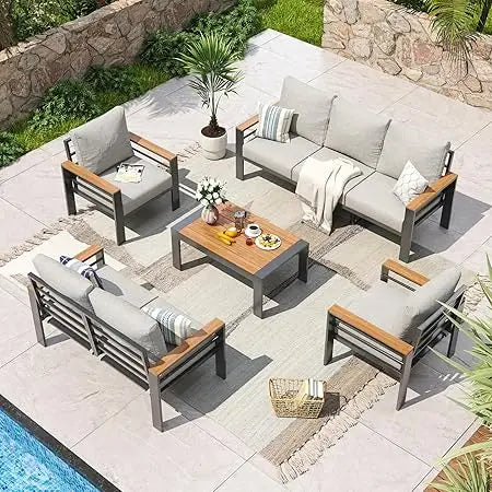 Aluminum Outdoor Patio Furniture Set With Cushions 7 Seats Coffee Table