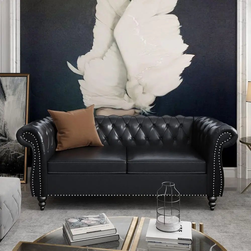 Chesterfield Leather Sofa and Loveseat Set with Scroll Arm