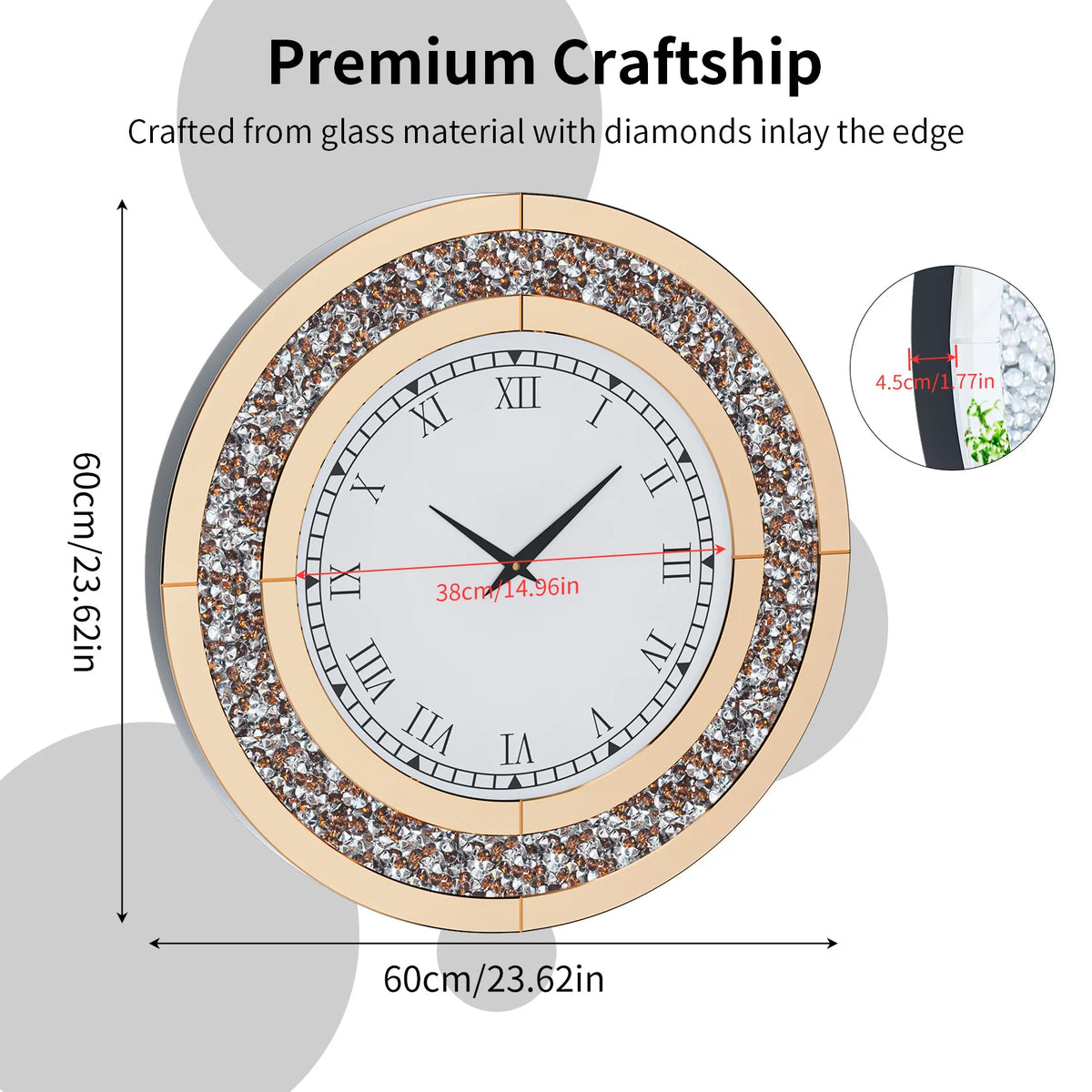 Crystal Sparkle Round Murals Clock With Loudspeaker Mute Function