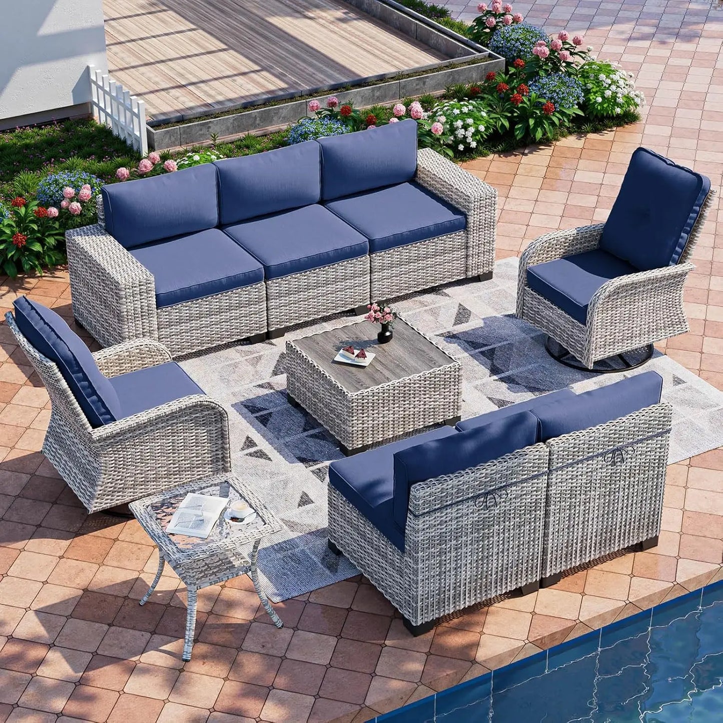 Outdoor 9 Piece Rattan Patio Furniture Set With Rocking Swivel Chairs