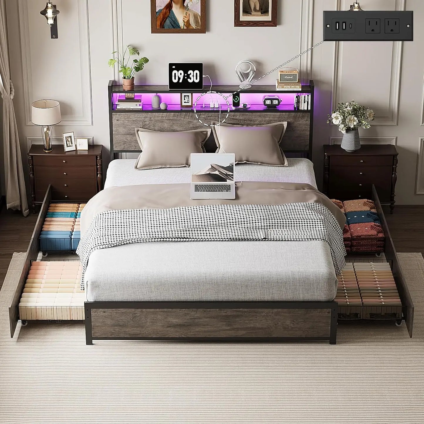 Full Metal Bed Frame With 4 Storage Drawers And Adjustable Headboard Shelf