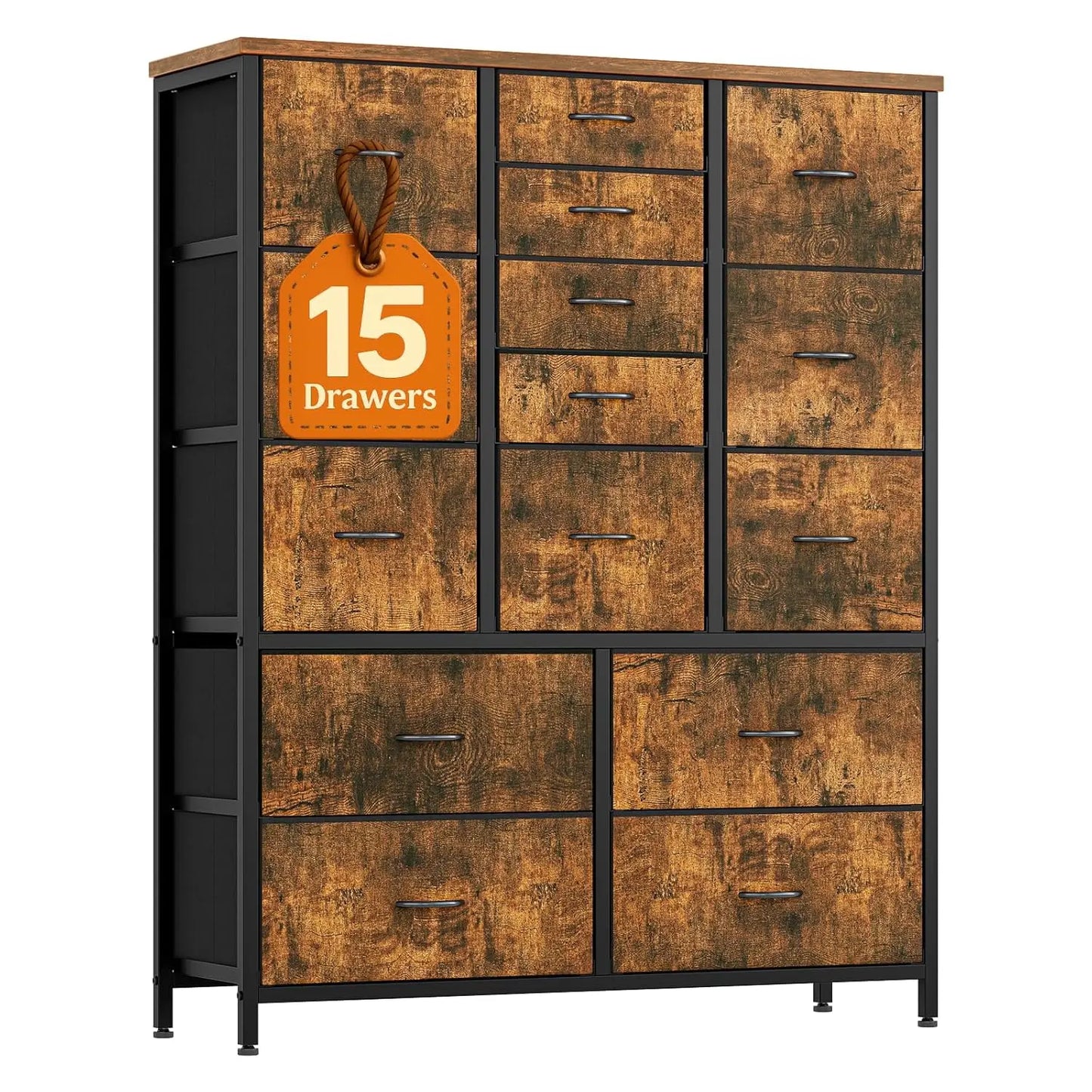 Fabric Tall Dresser With Wood Grain Top And Metal Frame