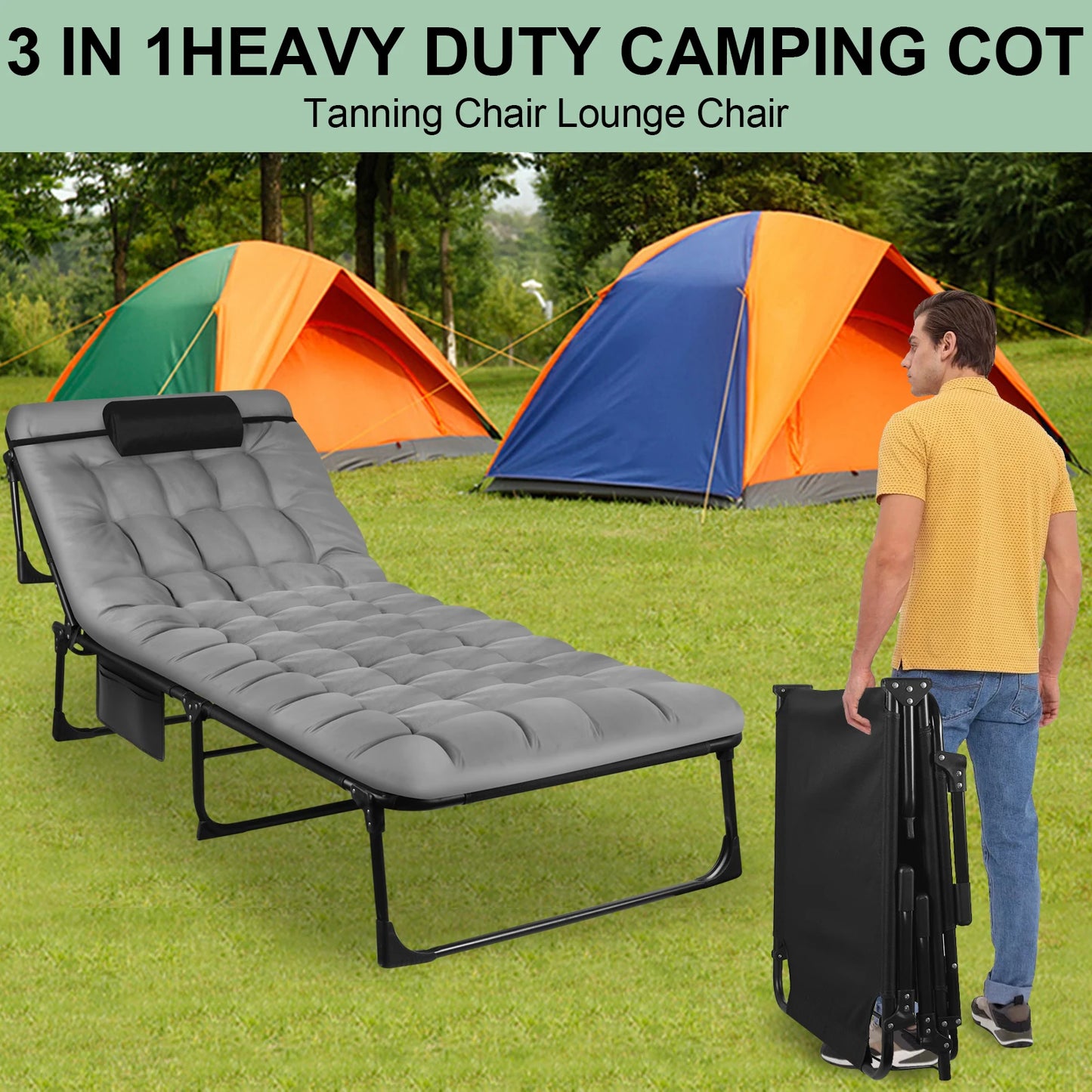 Portable Folding Camping Cot 3 Position Reclining Lounge Chair With Pillow