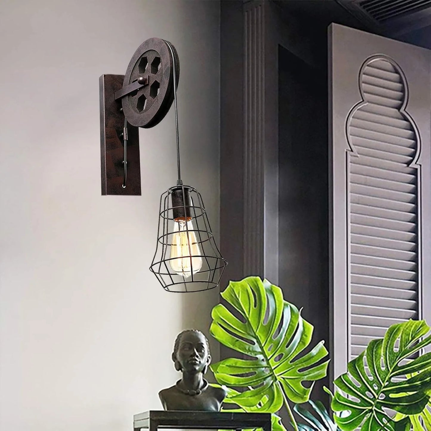 Bymaocar Industrial Wall Sconce With Pulley Iron Cage Lampshade