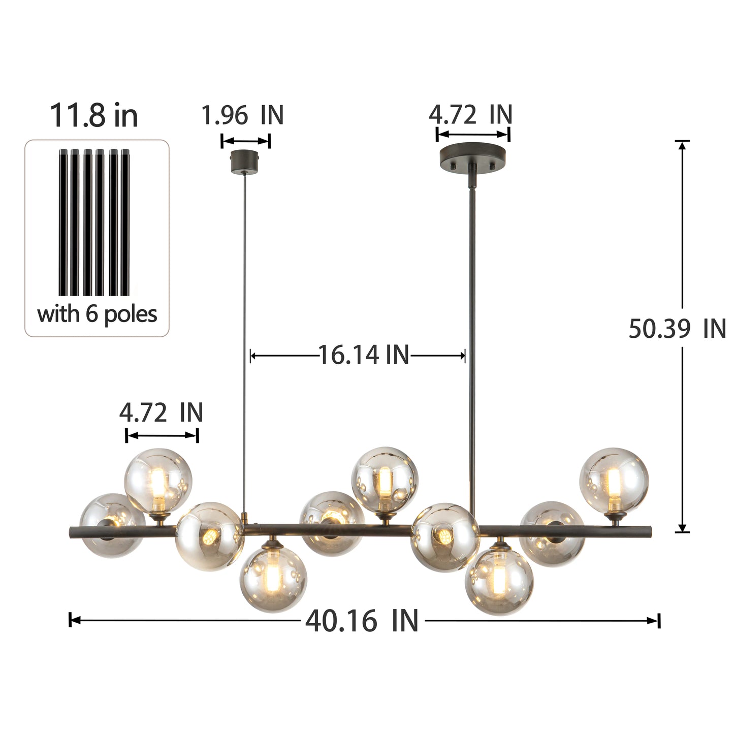 10 Light Adjustable Chandelier Mid Century Modern Glass Globes