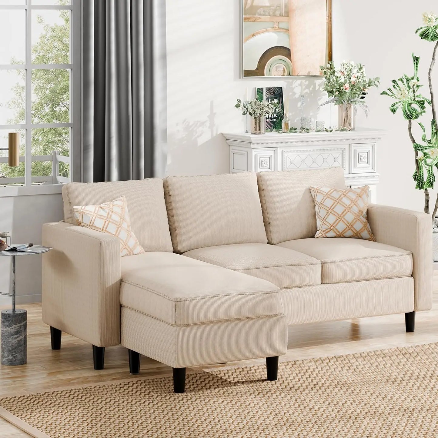Convertible Sectional Sofa L-Shape With Movable Ottoman 3-Seat