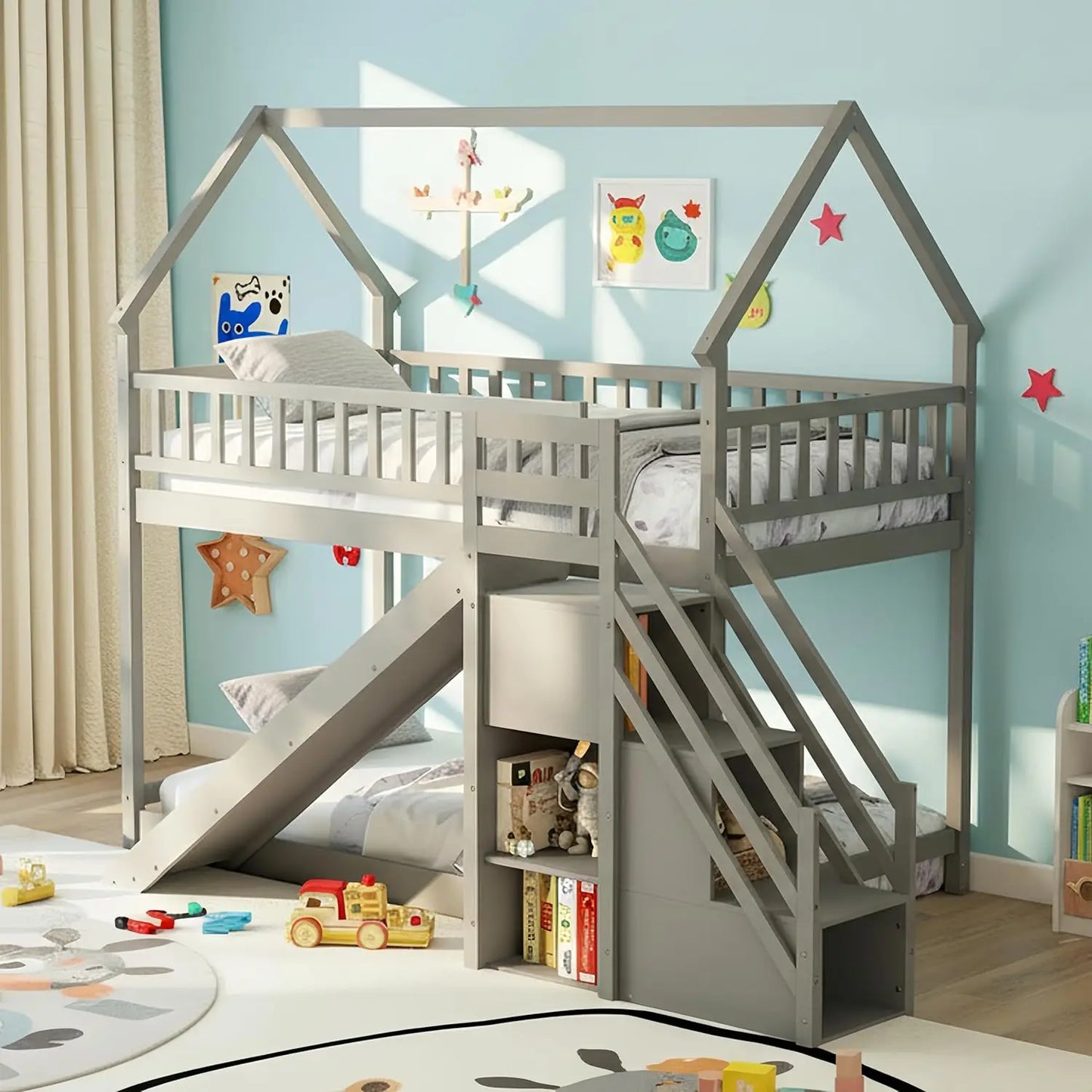 Wood Twin Over Twin Bunk Bed With Slide And Staircase