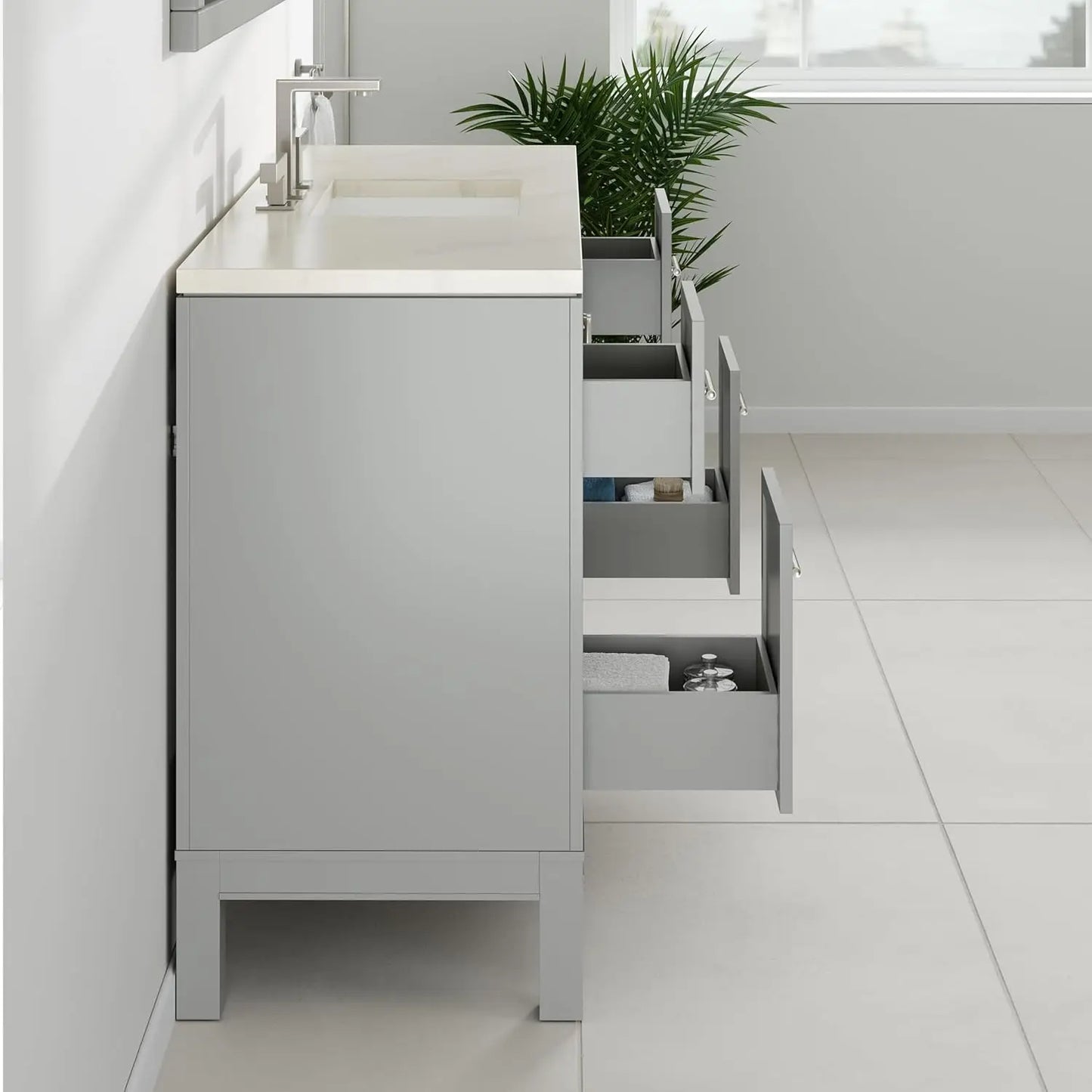Marble Wood Vanity With Quartz Countertop And Undermount Porcelain Sink