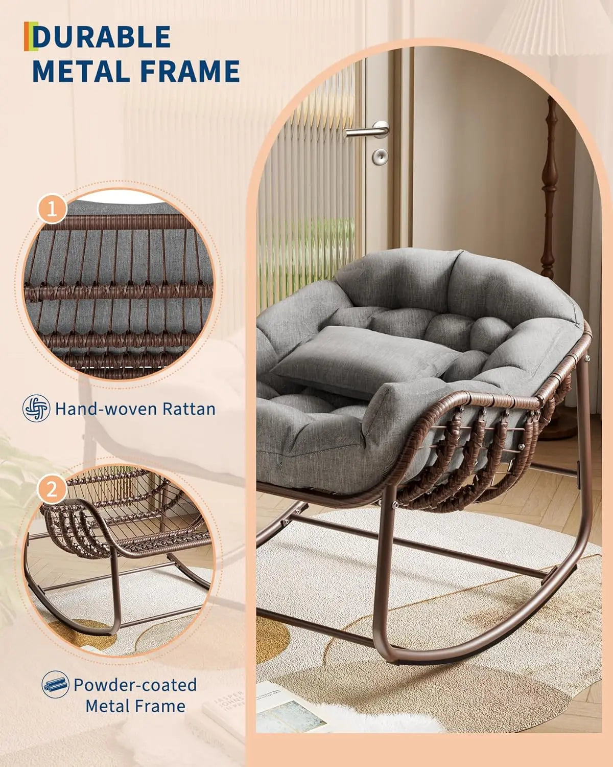 Oversized Outdoor Papasan Egg Rocking Chair Heavy-Duty Frame 300 Lb | Wicker Lounge Patio Rocker with UV-Resistant Cushion Indoor/Outdoor for Porch & Garden