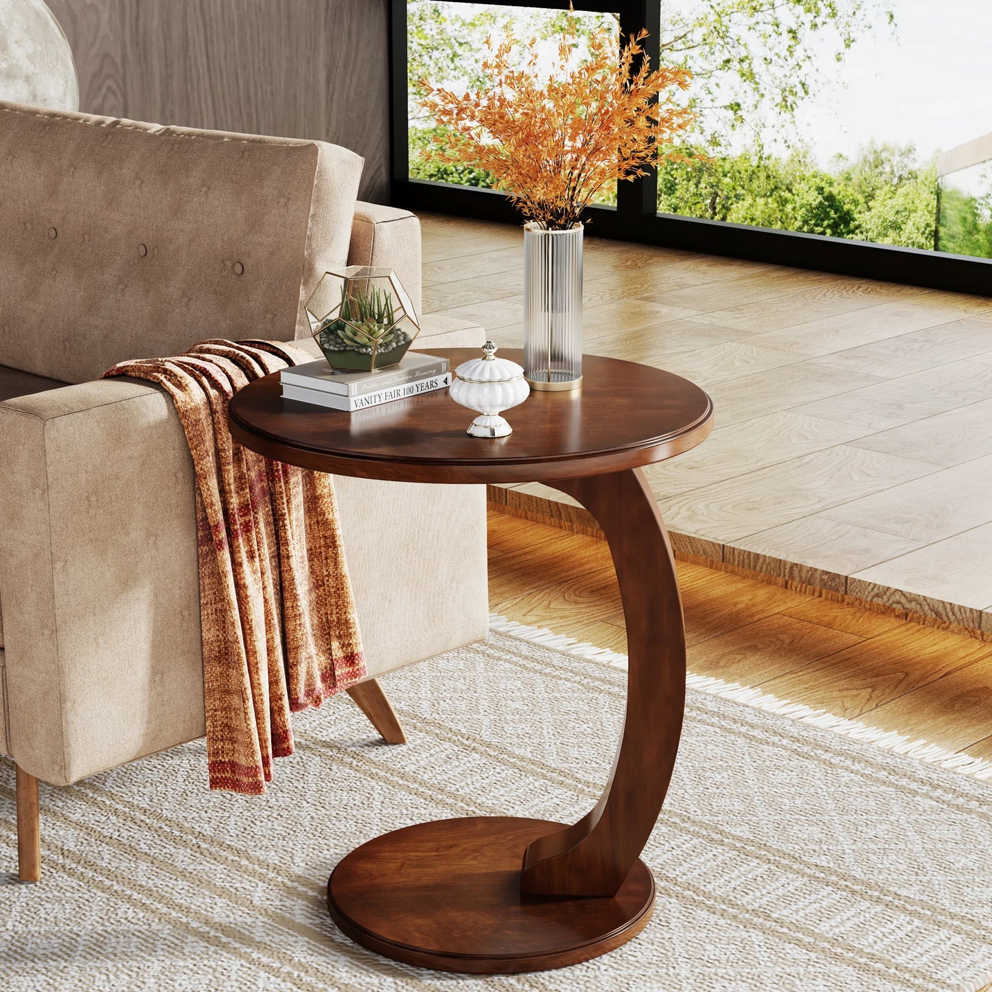Tribesigns Round End Table Wood C Shaped Side Table Mid Century