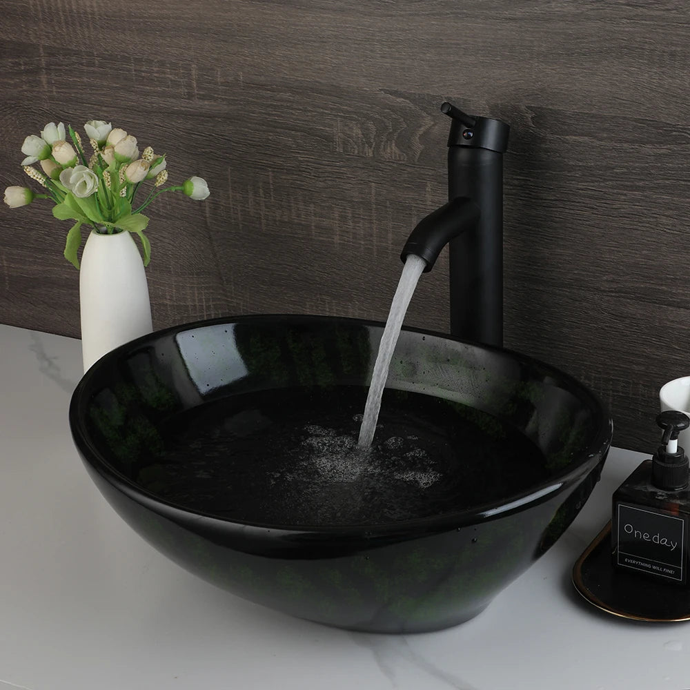 Mekhala Oval Vessel Sink With Faucet Marble Pattern Ceramic Vessel Sink
