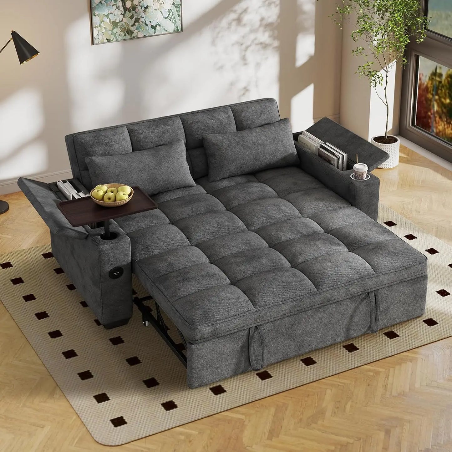 Sleeper Sofa With Pull Out Bed And Storage Armrests Corduroy