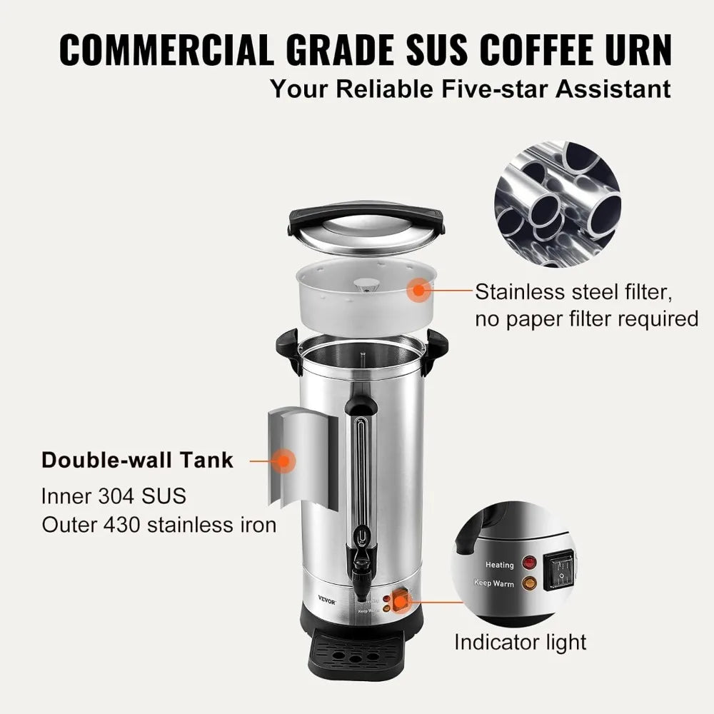 Large Coffee Urn 1500W Electric Stainless Steel Hot Water Dispenser